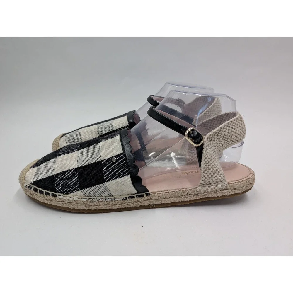 Kate Spade Bonnie Espadrille Sandals Women 10B Black White Gingham Buckle Strap